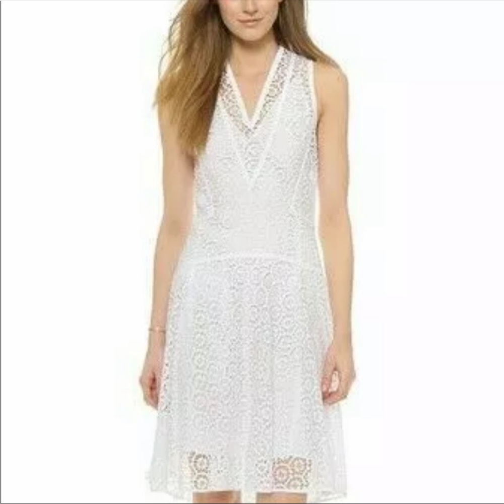 NWT Rebecca Taylor Sleeveless white V-neck White Tile Lace Dress 10